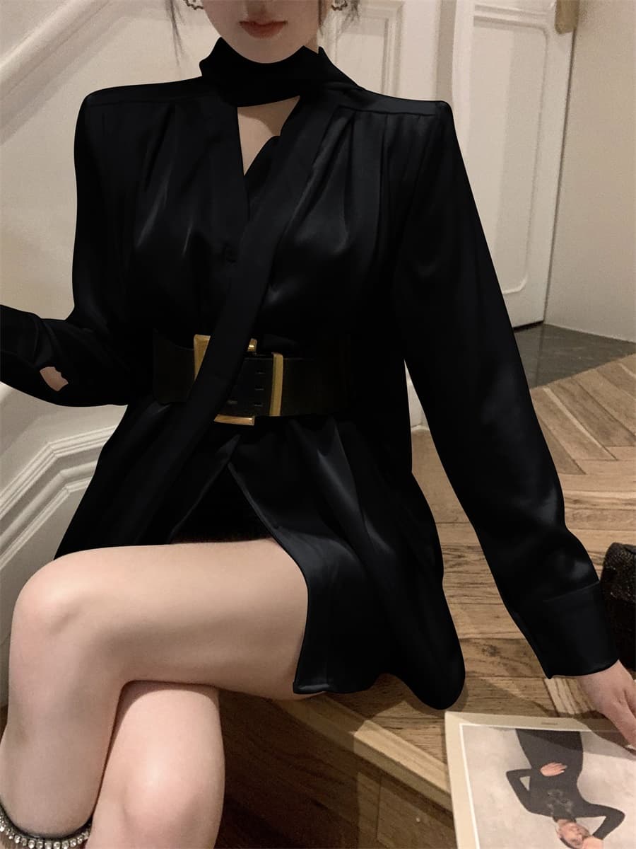 실사 프랑스식 품격 명문 여성 고급 센스 새틴 셔츠 드레스 여름 불규칙 품격 미니 스커트 여성 의류 상세 이미지 22
