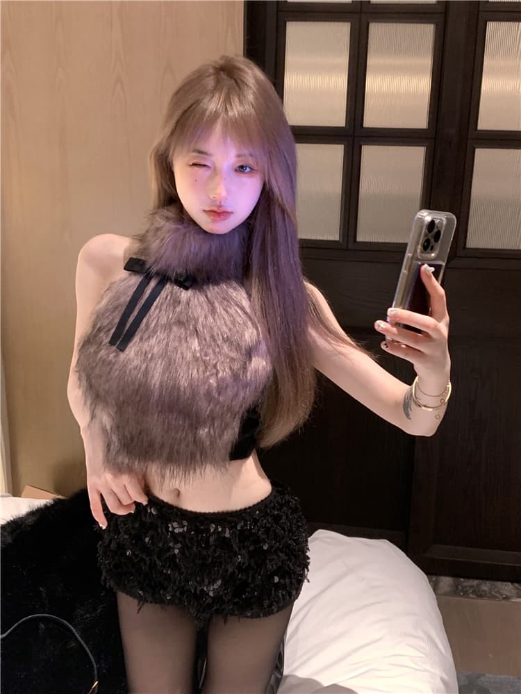 정가 실사 욕망 와일드 폭스 디자인 센스 작은 대중 나비 매듭 모피 캐미솔 외출용 플리스 맨위 이미지 2