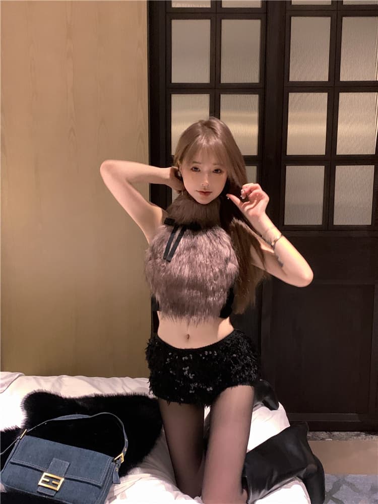 정가 실사 욕망 와일드 폭스 디자인 센스 작은 대중 나비 매듭 모피 캐미솔 외출용 플리스 맨위 이미지 4