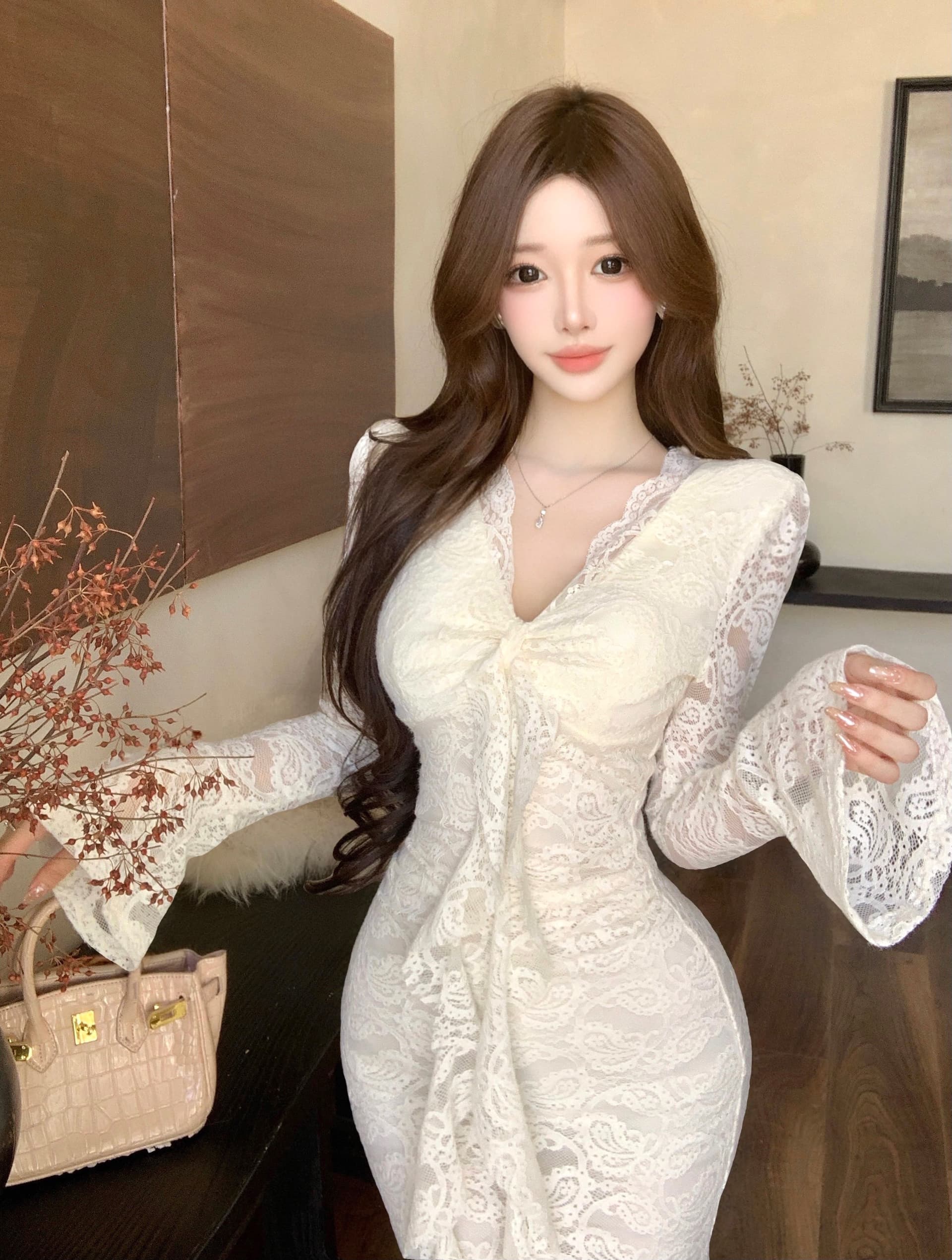 실사 2026 빛 요리 한 바람 섹시함 레이스 리본 V넥 긴팔 드레스 새로운 허리 수축 슬림해 보이는 타이트 스커트 롱 스커트 상세 이미지 9