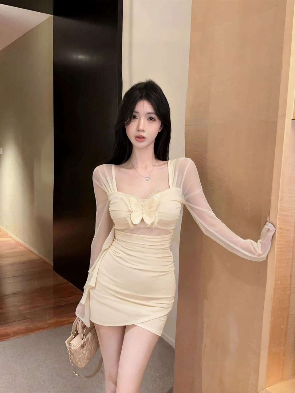 실사 작은 대중 핫걸 작은 청신 디자인 센스 3 차원 나비 망사 패치워크 불규칙 리본 몸매 가꾸기 드레스 이미지 4