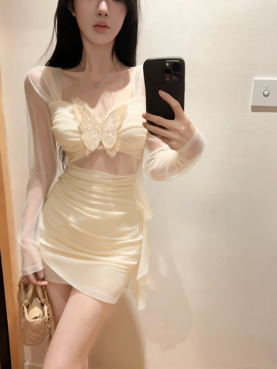 실사 작은 대중 핫걸 작은 청신 디자인 센스 3 차원 나비 망사 패치워크 불규칙 리본 몸매 가꾸기 드레스 상세 이미지 3