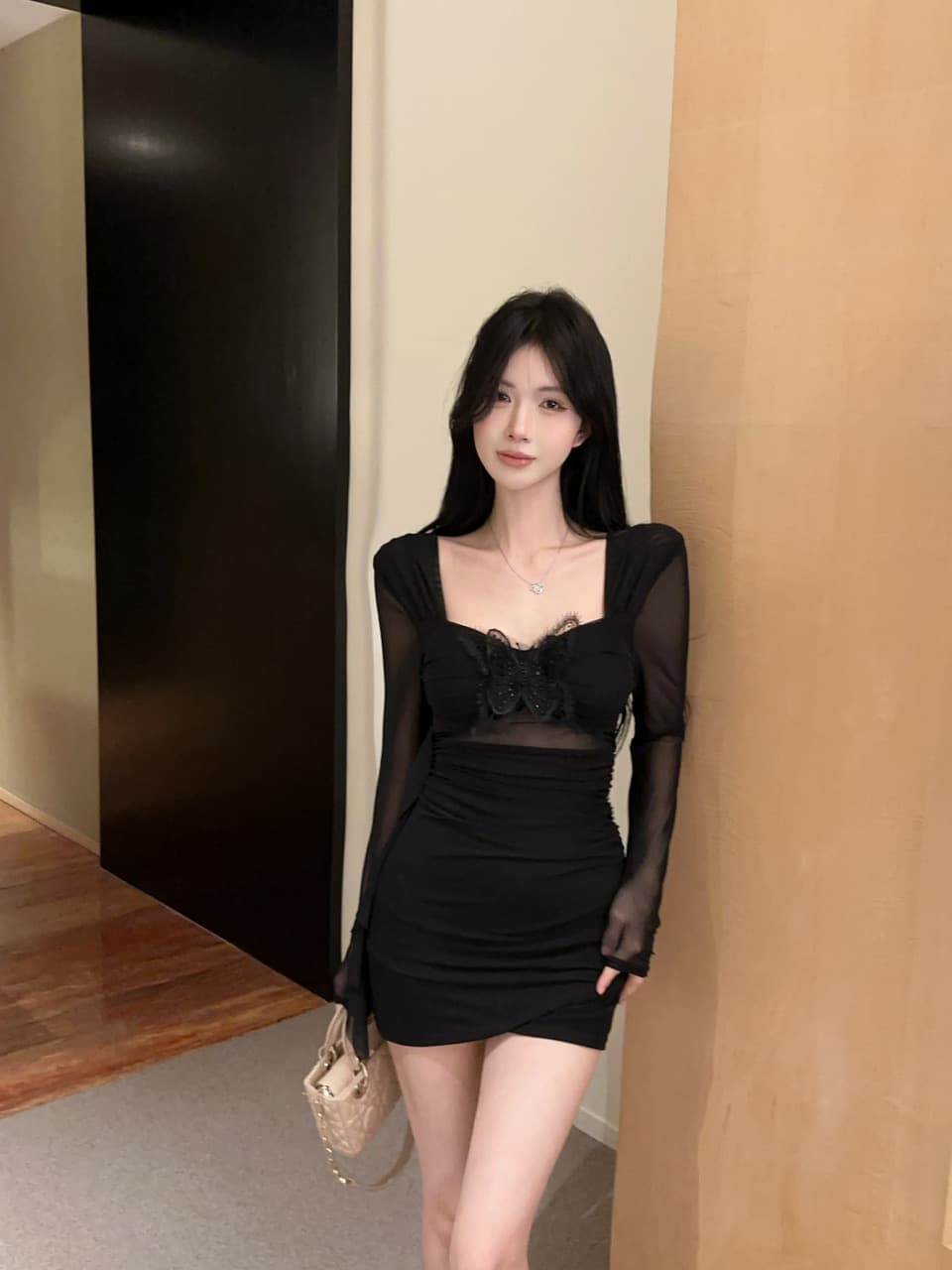 실사 작은 대중 핫걸 작은 청신 디자인 센스 3 차원 나비 망사 패치워크 불규칙 리본 몸매 가꾸기 드레스 상세 이미지 7