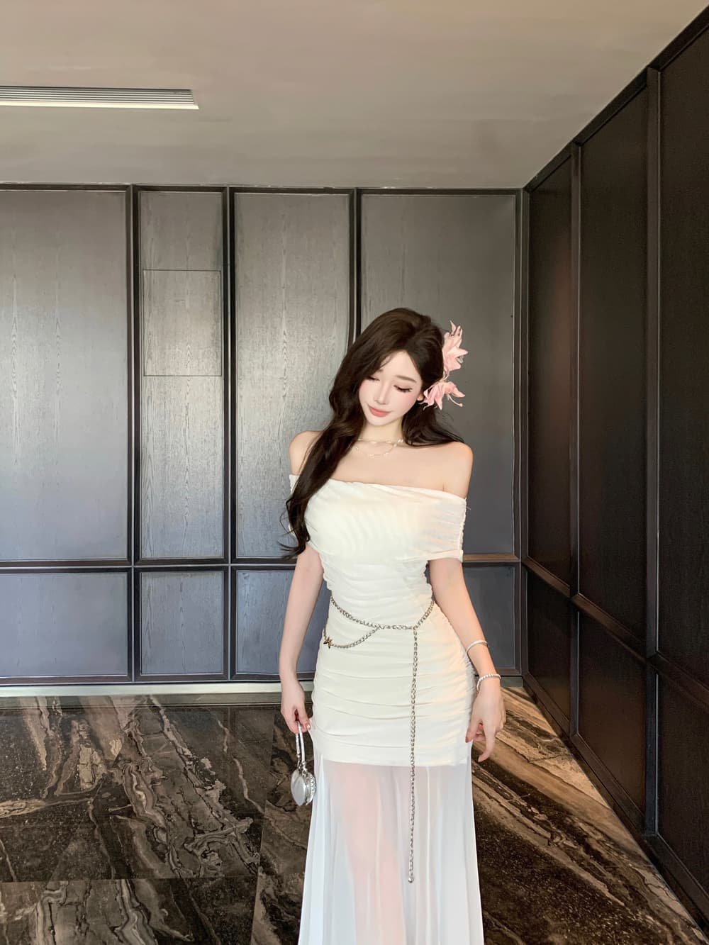 실사 프랑스식 천 골드 망사 오프숄더 튜브탑 드레스 여름 고급 센스 품격 명문 여성 슬림해 보이는 망사 치마 상세 이미지 5