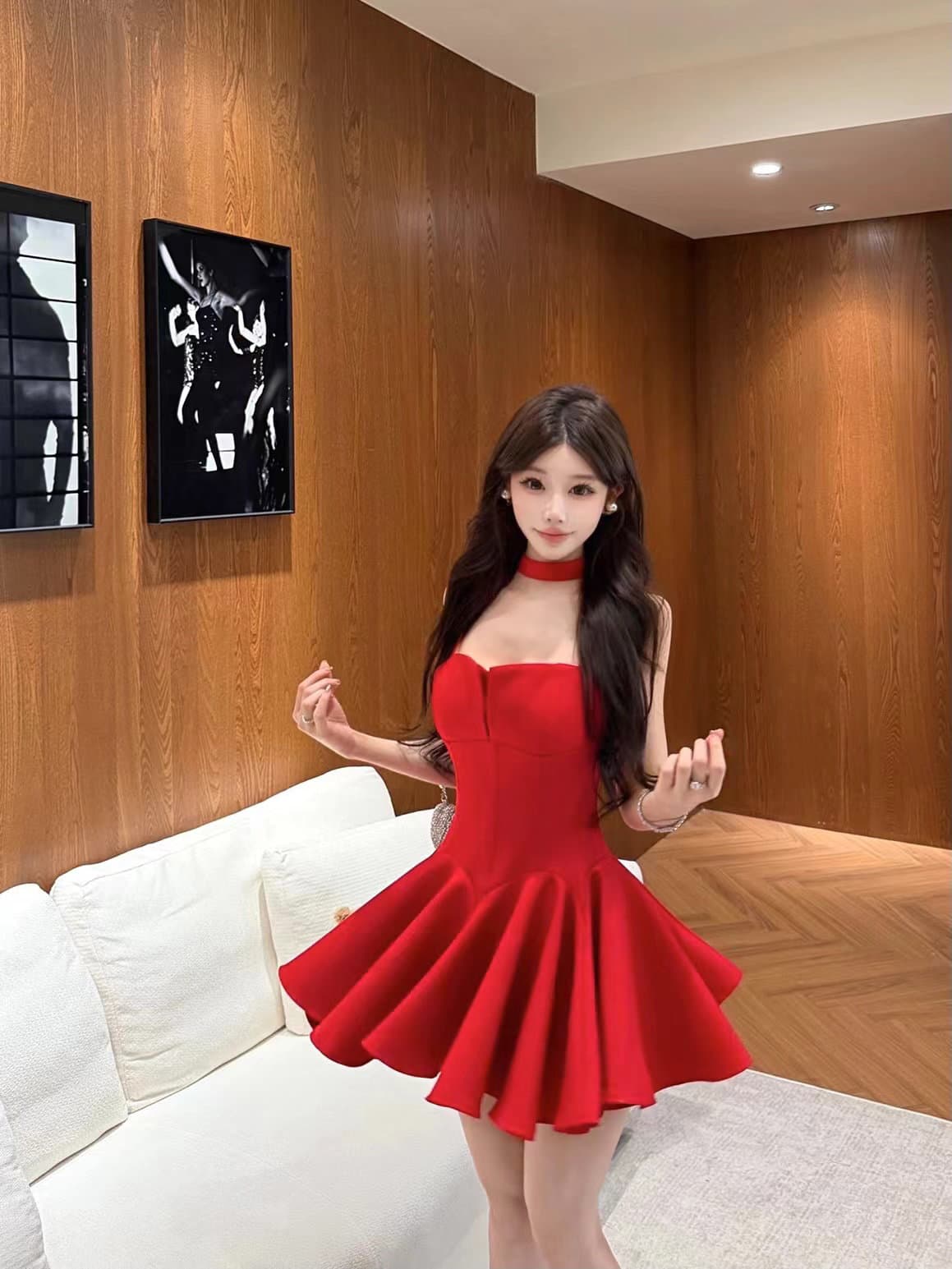 실사 2026 합격 작은 고추 프랑스식 분위기 센스 민소매 달콤한 매운맛 바람 슬립 빨간색 퍼프 슬림해 보이는 드레스 상세 이미지 11