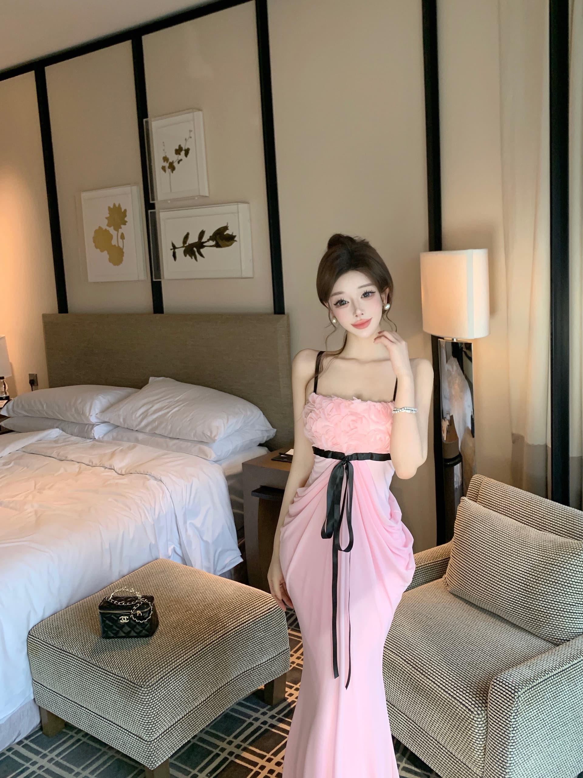 실사 2026 여름 슈퍼 요정 순수한 욕망 장미 패치워크 나비 매듭 허리 수축 달콤함 요정 외국 가스 드레스 상세 이미지 17