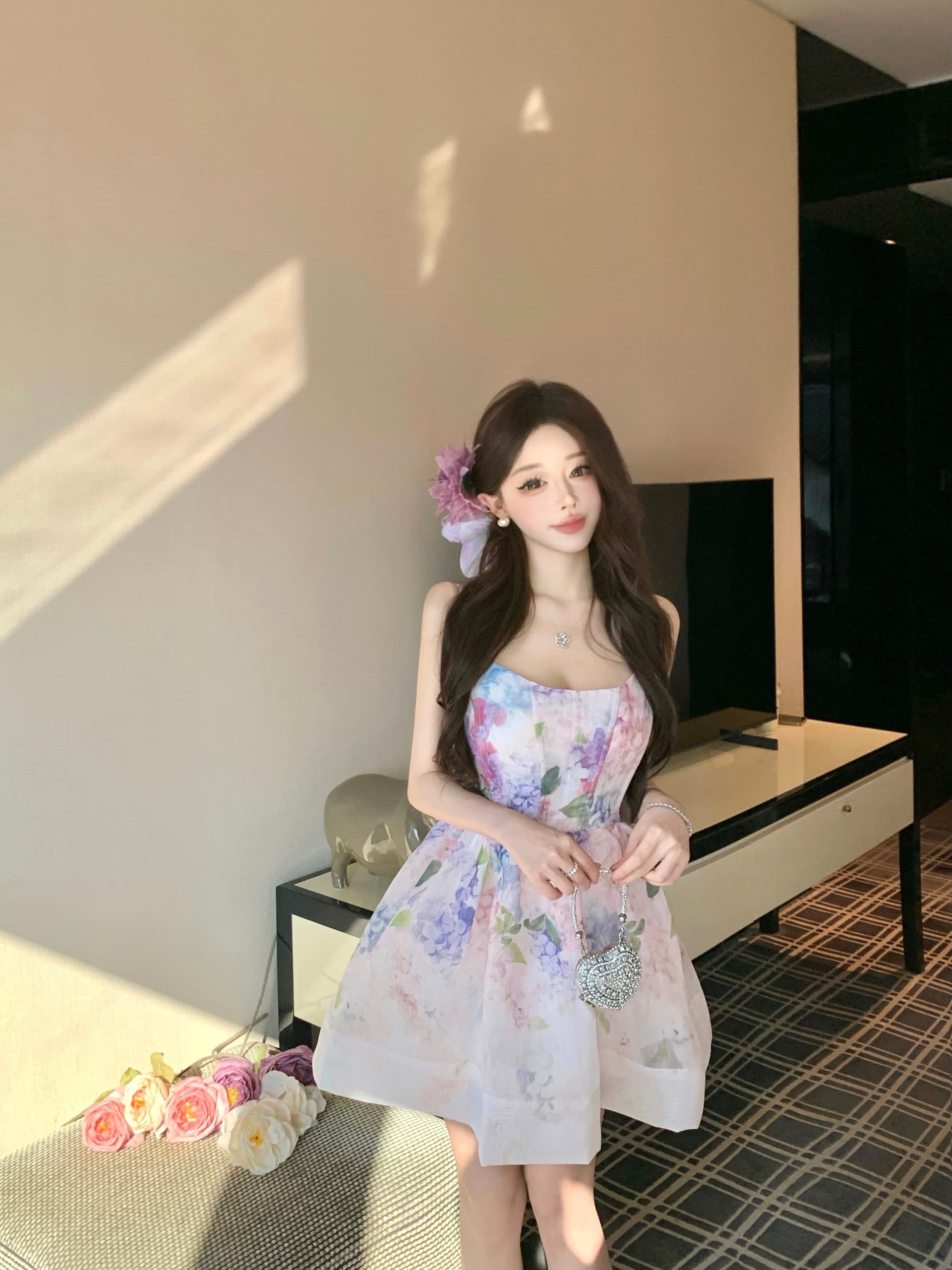 실사 사랑 여름 3 차원 자르기 대 나비 매듭 u 칼라 섹시함 프린트 달콤함 몸매 가꾸기 슬림해 보이는 외국 가스 미니 스커트 상세 이미지 6