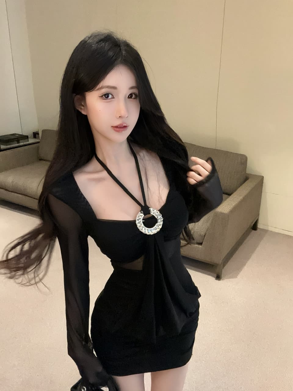 실사 2026 순수한 욕망 핫걸 작은 섹시함 행침 목 광장 칼라 디자인 센스 표지 배 몸매 가꾸기 작은 대중 망사 드레스 상세 이미지 21