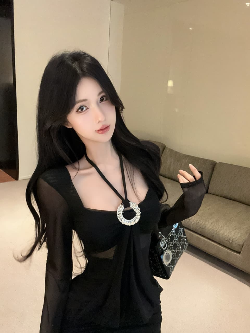 실사 2026 순수한 욕망 핫걸 작은 섹시함 행침 목 광장 칼라 디자인 센스 표지 배 몸매 가꾸기 작은 대중 망사 드레스 상세 이미지 24