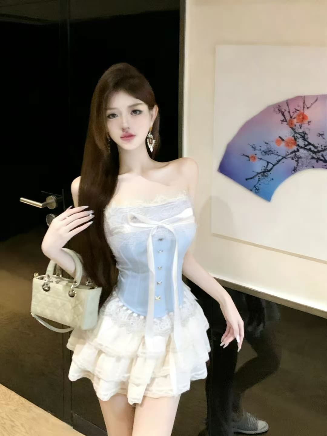 실사 궁정 달콤함 나비 매듭 레이스 측면 허리 수축 레이스업 튜브탑 의류 살구 색상 허리밴드 공주 반 스커트 세트 상세 이미지 10