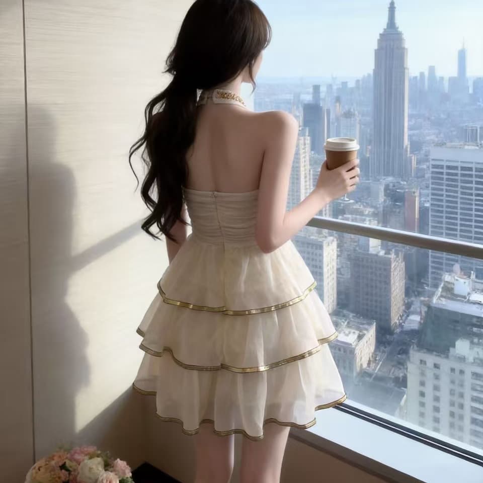 실사 프랑스식 디자인 센스 작은 대중 무거운 작업 플래시 훈련 행침 목 케이크 드레스 여성 백리스 패치워크 예복 쇼트 스타일 드레스 이미지 5