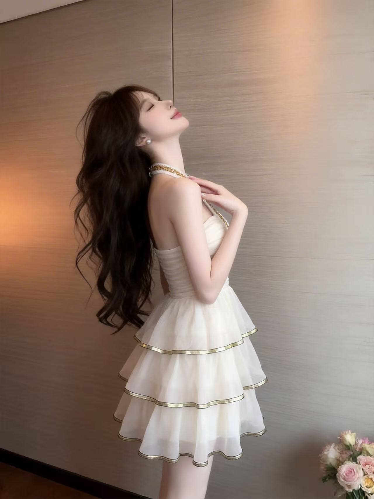 실사 프랑스식 디자인 센스 작은 대중 무거운 작업 플래시 훈련 행침 목 케이크 드레스 여성 백리스 패치워크 예복 쇼트 스타일 드레스 상세 이미지 7
