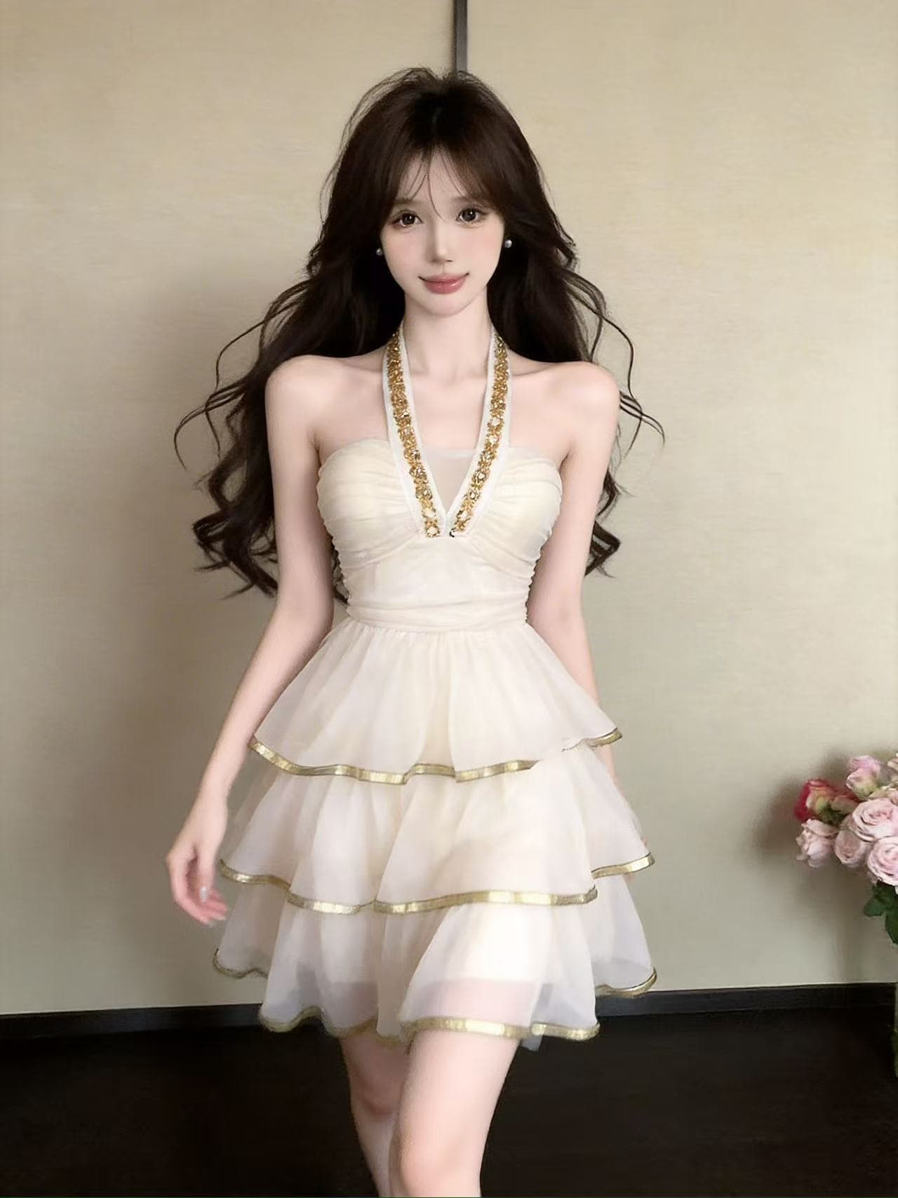 실사 프랑스식 디자인 센스 작은 대중 무거운 작업 플래시 훈련 행침 목 케이크 드레스 여성 백리스 패치워크 예복 쇼트 스타일 드레스 상세 이미지 11