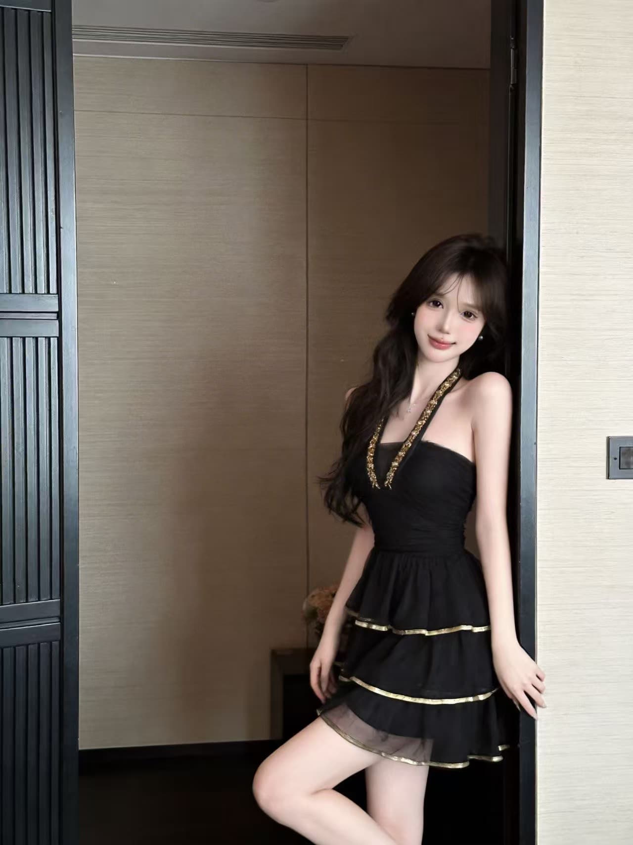 실사 프랑스식 디자인 센스 작은 대중 무거운 작업 플래시 훈련 행침 목 케이크 드레스 여성 백리스 패치워크 예복 쇼트 스타일 드레스 상세 이미지 20