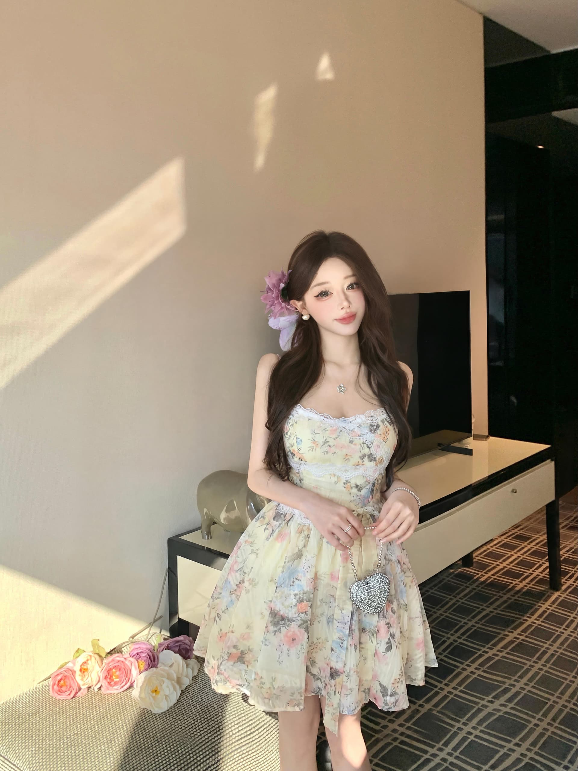 실사 q 카 다몸 와일드 로즈 휴가 소녀 허리 수축 슬립 레이스 꽃무늬 드레스 여름 아름다운 작은 치마 상세 이미지 1