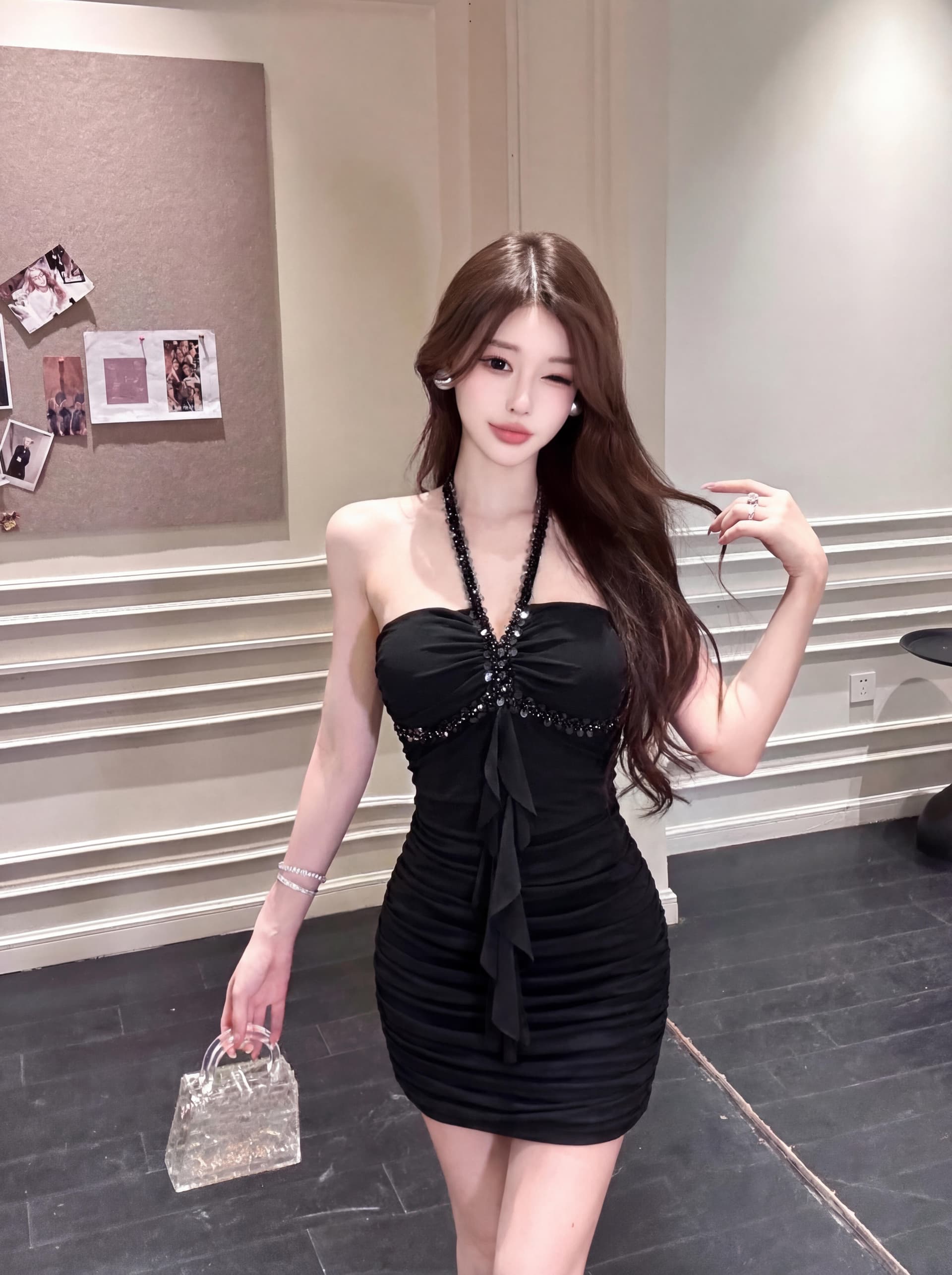 실사 빛 럭셔리 바람 다이아몬드 세팅 행침 목 드레스 망사 주름 장식 허리 수축 타이트 스커트 명문 여성 품격 슬림해 보이는 외국 가스 치마 이미지 3