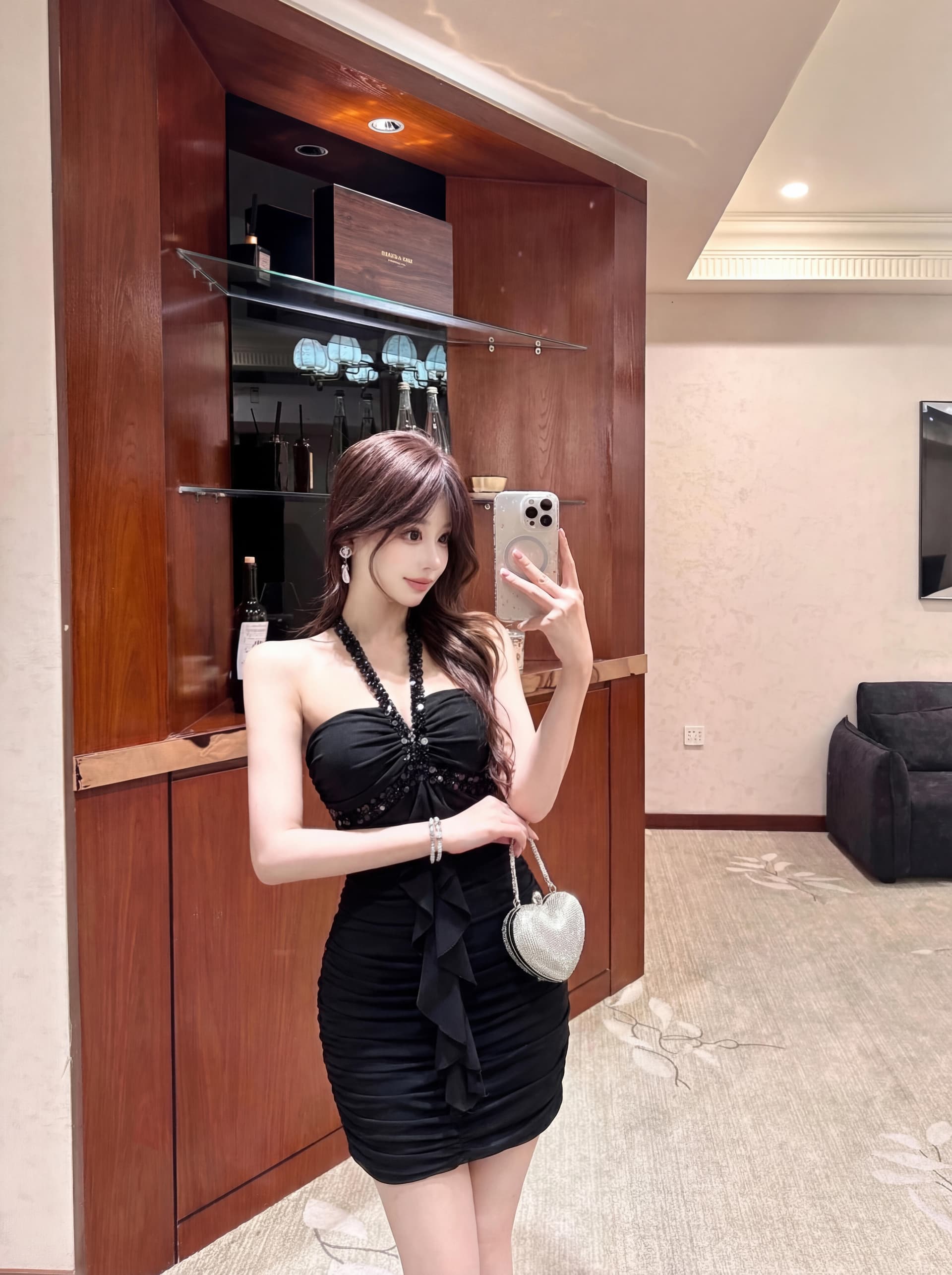 실사 빛 럭셔리 바람 다이아몬드 세팅 행침 목 드레스 망사 주름 장식 허리 수축 타이트 스커트 명문 여성 품격 슬림해 보이는 외국 가스 치마 상세 이미지 24