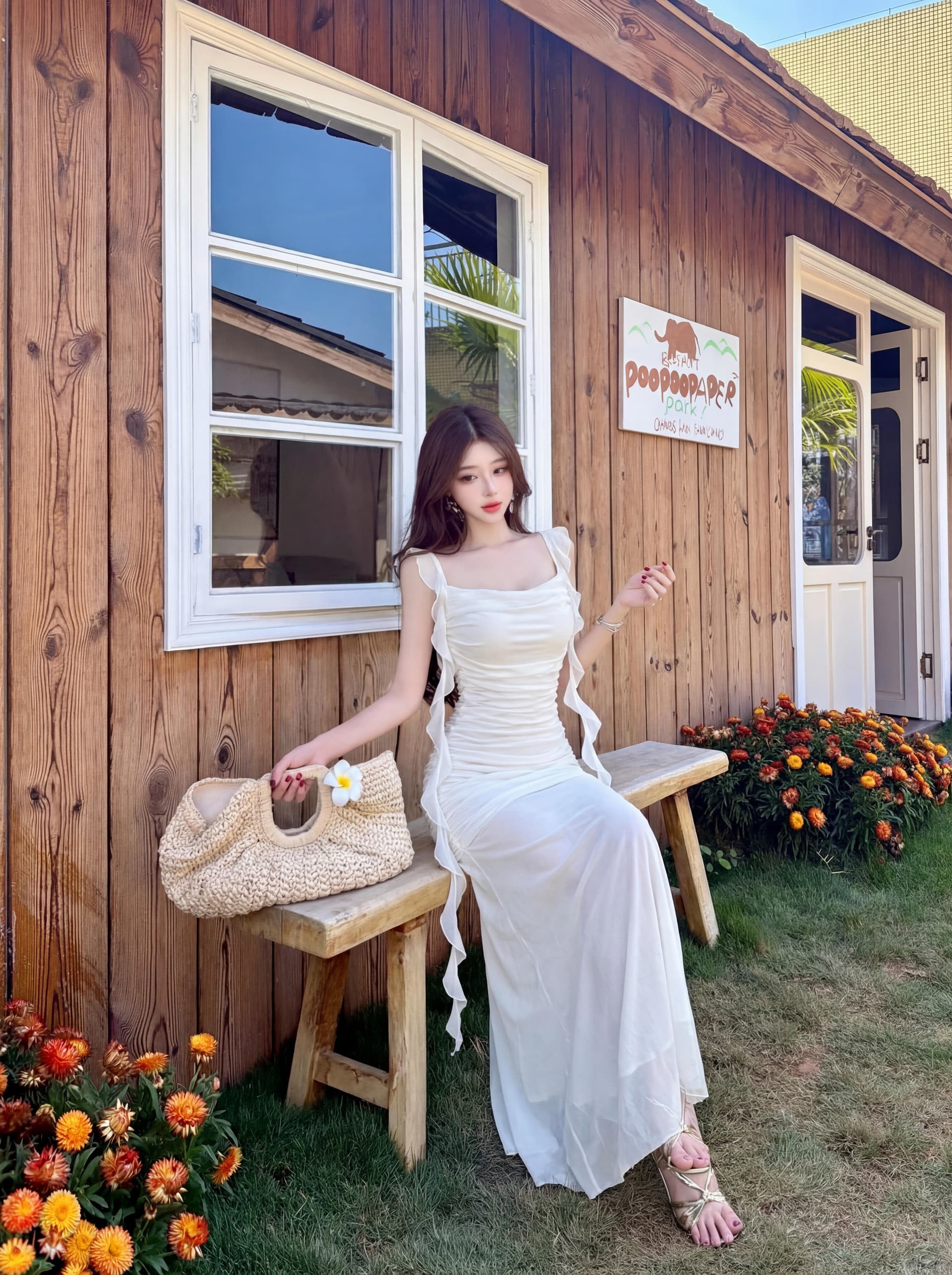 실사 슈퍼 요정 아름다운 흔들다 칼라 슬립 질감 우아한 드레스 고급 센스 미니멀리즘 해변가 휴가 주름 장식 롱 스커트 상세 이미지 8