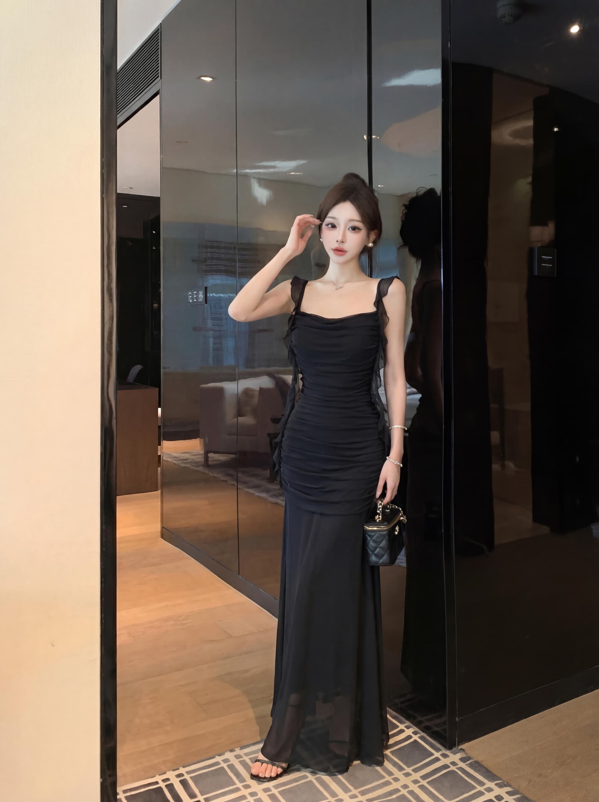실사 슈퍼 요정 아름다운 흔들다 칼라 슬립 질감 우아한 드레스 고급 센스 미니멀리즘 해변가 휴가 주름 장식 롱 스커트 상세 이미지 14