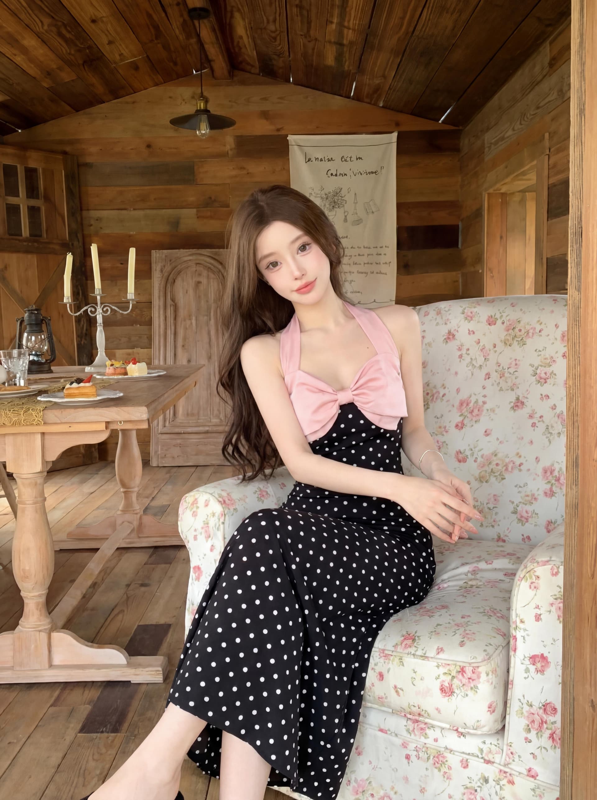실사 프랑스식 도트 무늬 나비 매듭 다양한 착용 법 행침 목 튜브탑 드레스 해변가 휴가 고급 센스 인어 꼬리 스커트 상세 이미지 4