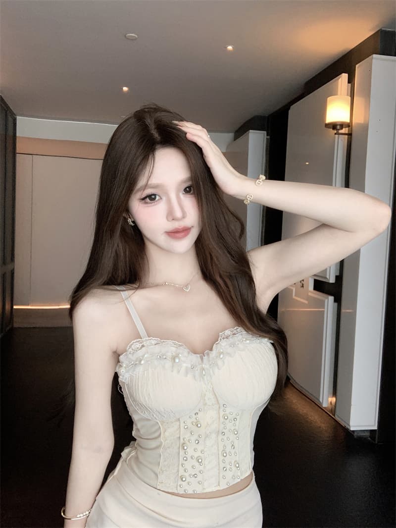 실사 작은 샤넬 스타일 비즈 박기 레이스 캐미솔 외출용 여름 태국 사람 스타일 핫걸 아름다운 생선뼈 가슴 패드 의류 이미지 2