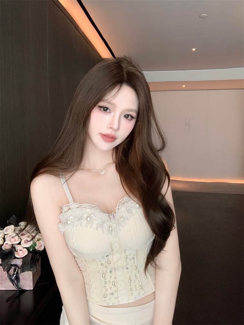 실사 작은 샤넬 스타일 비즈 박기 레이스 캐미솔 외출용 여름 태국 사람 스타일 핫걸 아름다운 생선뼈 가슴 패드 의류 상세 이미지 2