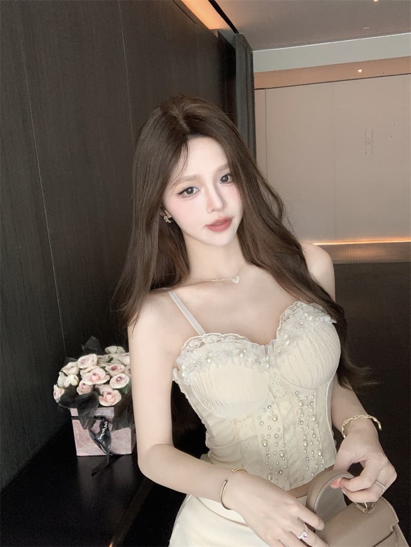 실사 작은 샤넬 스타일 비즈 박기 레이스 캐미솔 외출용 여름 태국 사람 스타일 핫걸 아름다운 생선뼈 가슴 패드 의류 상세 이미지 7