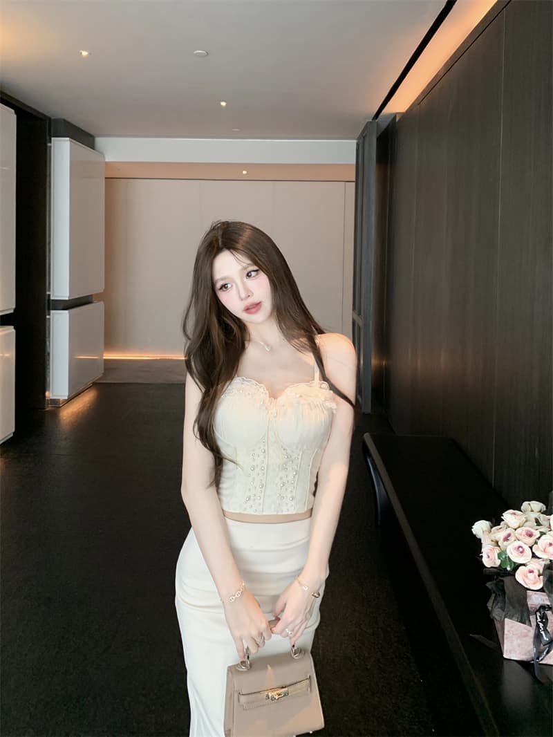 실사 작은 샤넬 스타일 비즈 박기 레이스 캐미솔 외출용 여름 태국 사람 스타일 핫걸 아름다운 생선뼈 가슴 패드 의류 상세 이미지 8