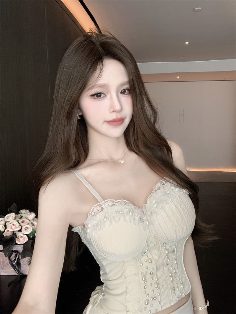 실사 작은 샤넬 스타일 비즈 박기 레이스 캐미솔 외출용 여름 태국 사람 스타일 핫걸 아름다운 생선뼈 가슴 패드 의류 상세 이미지 9