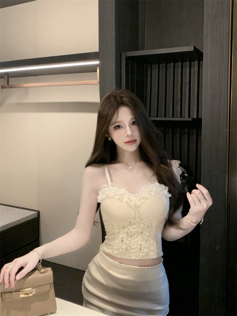 실사 작은 샤넬 스타일 비즈 박기 레이스 캐미솔 외출용 여름 태국 사람 스타일 핫걸 아름다운 생선뼈 가슴 패드 의류 상세 이미지 11