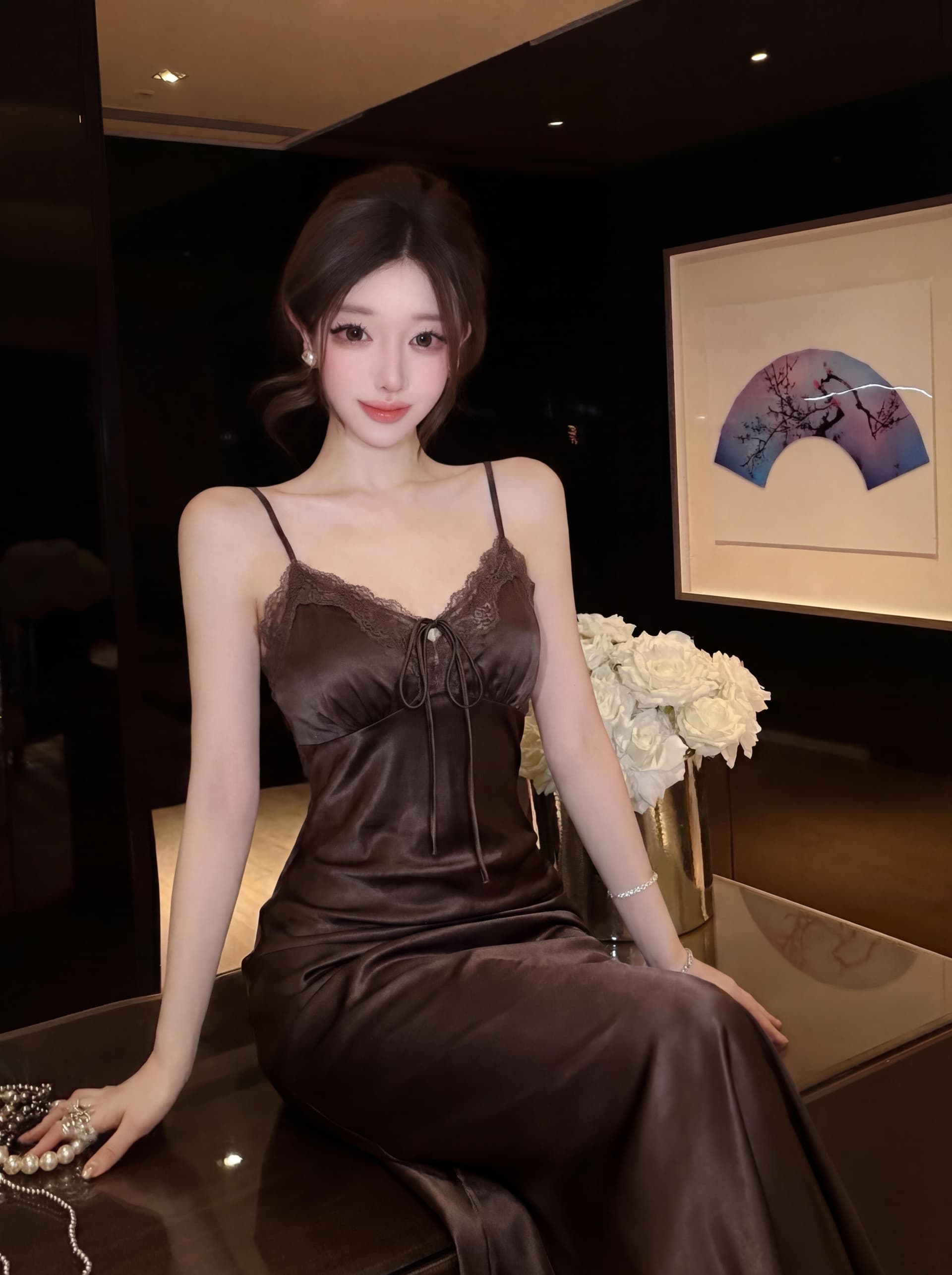 실사 품격 명문 여성 로얄 자매 고급 절묘한 몸매 가꾸기 타이트 스커트 레이스 슬립 고급 센스 V넥 새틴 드레스 상세 이미지 8