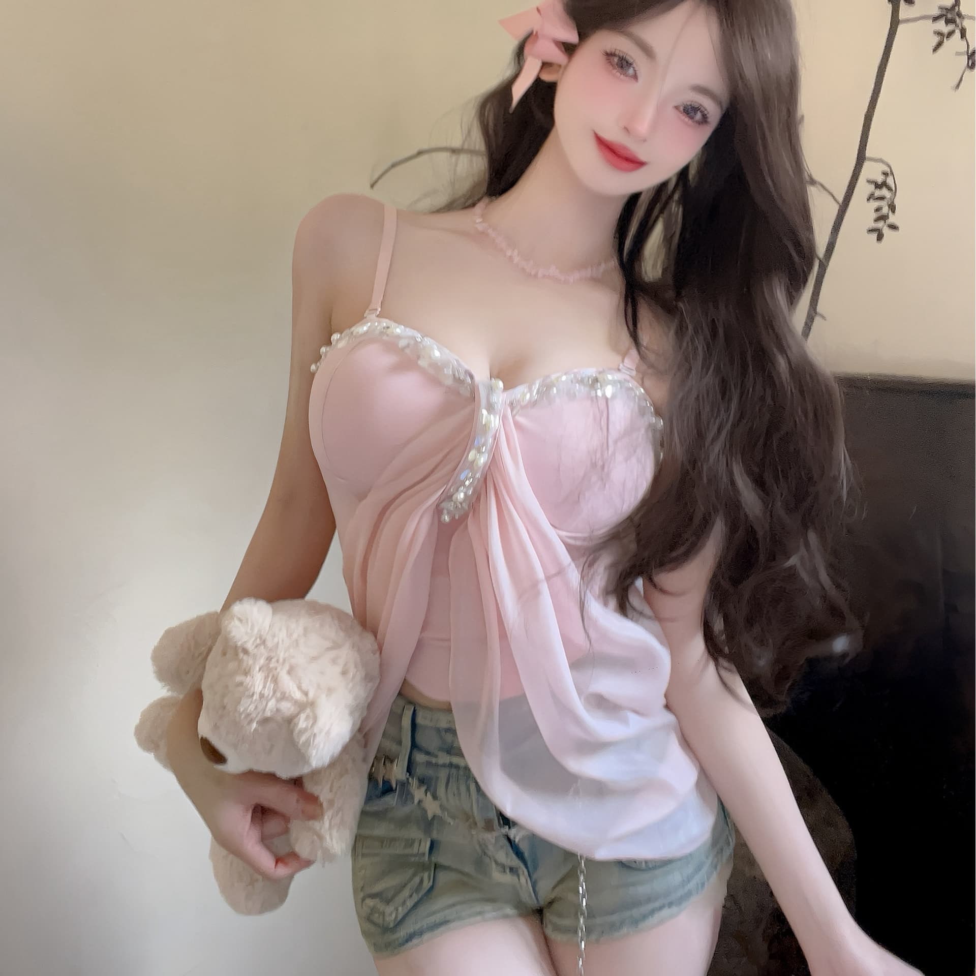 실사 인터넷 유명인 같은 단락 2026 여름 품격 명문 여성 진주 측면 망사 외부 안감 패치워크 가슴 패드 요정 슬립 의류 이미지 5