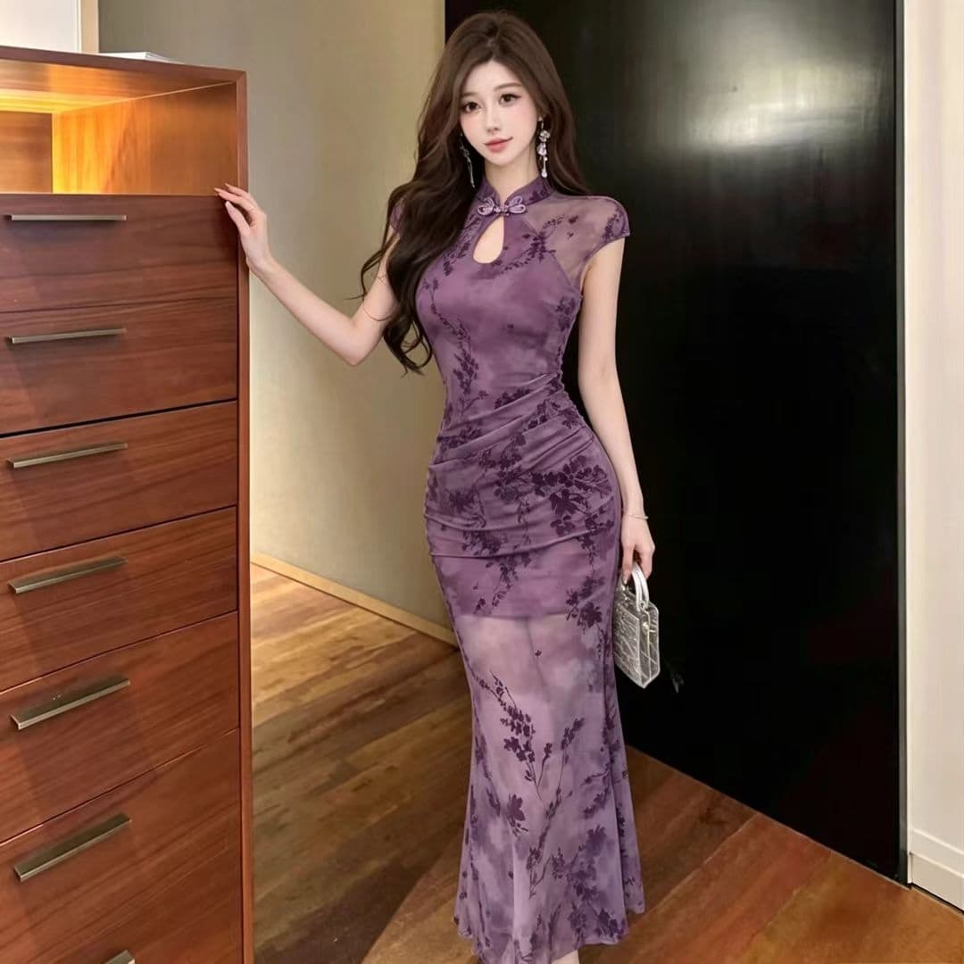 실사 새로운 중식 망사 패치워크 보라색 꽃무늬 향상된 버전 치파오 드레스 섹시함 핫걸 허리 수축 타이트 스커트 드레스 이미지 3