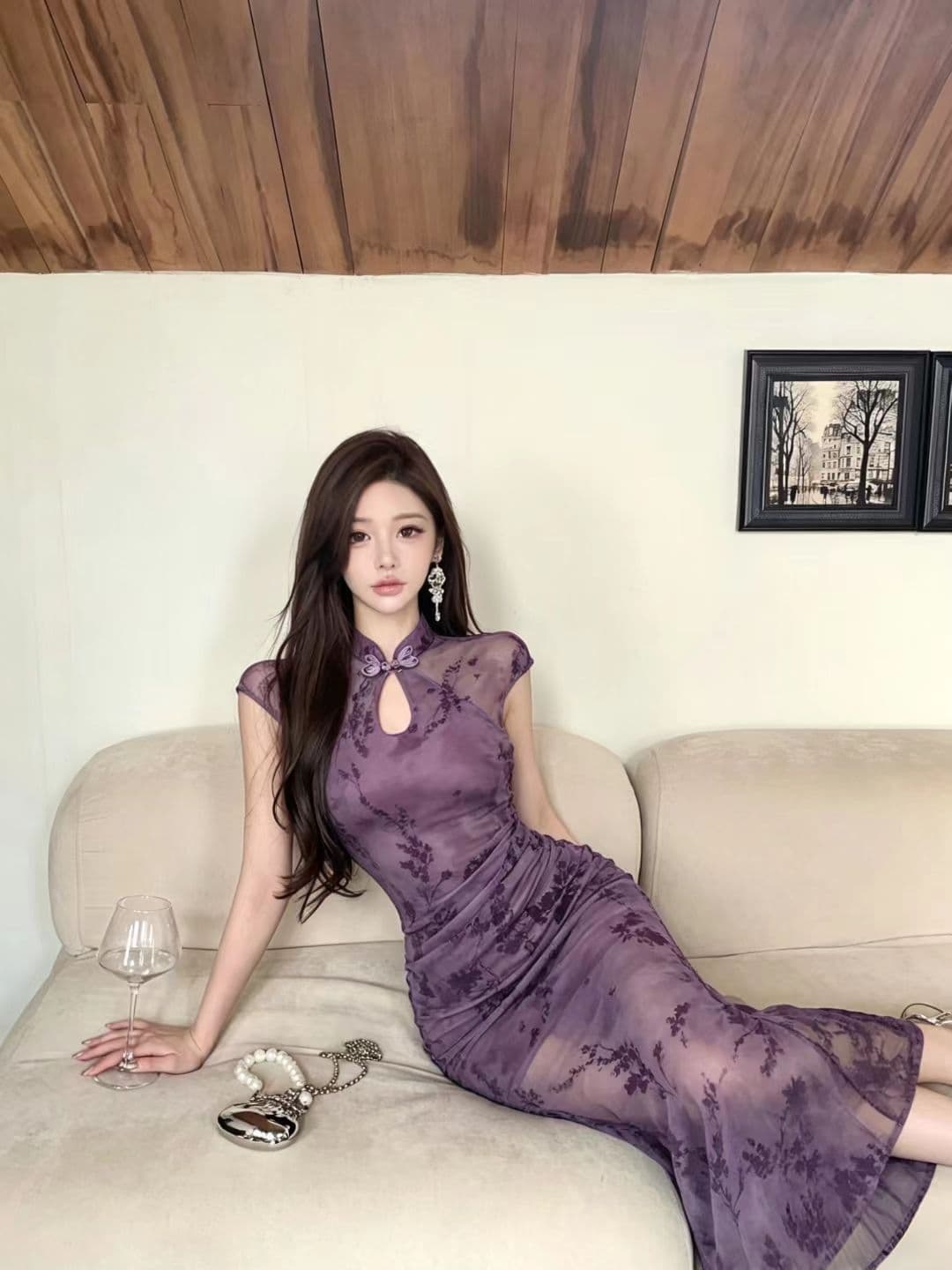 실사 새로운 중식 망사 패치워크 보라색 꽃무늬 향상된 버전 치파오 드레스 섹시함 핫걸 허리 수축 타이트 스커트 드레스 이미지 2