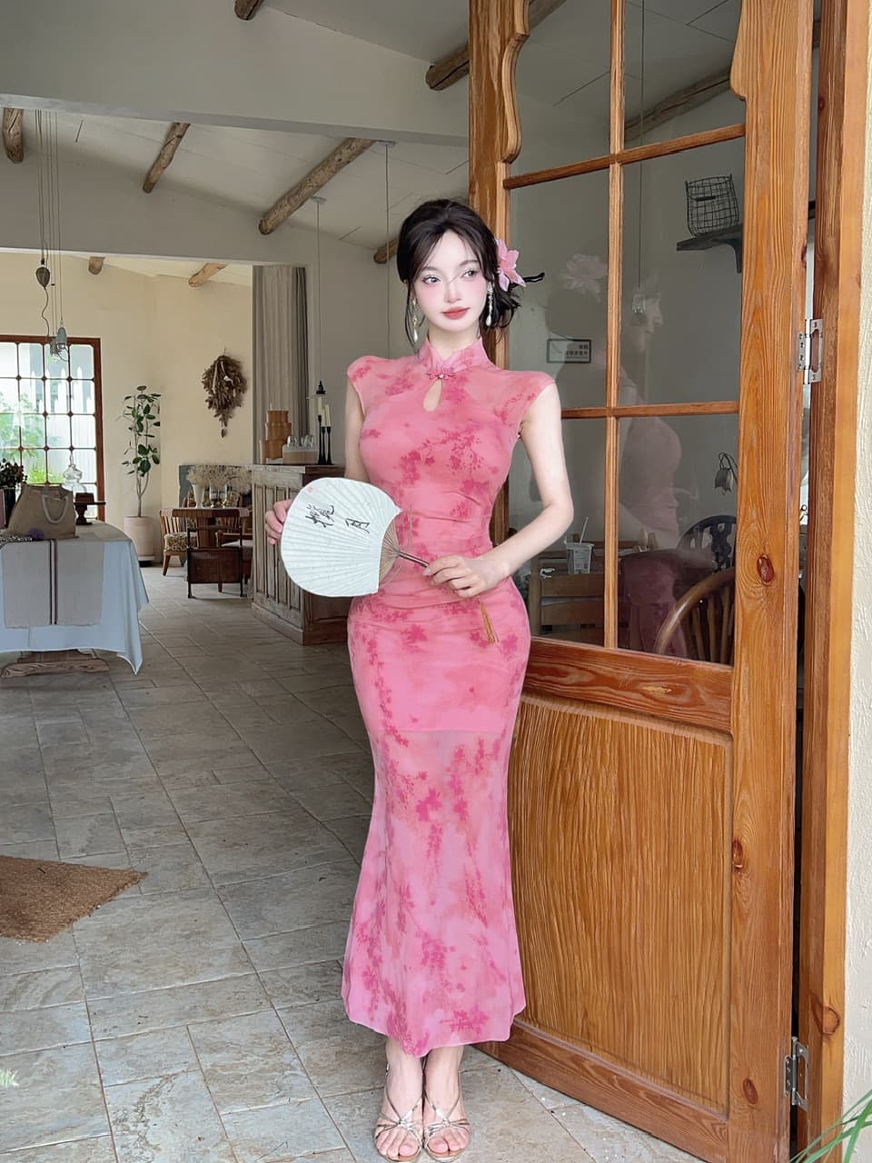 실사 새로운 중식 망사 패치워크 보라색 꽃무늬 향상된 버전 치파오 드레스 섹시함 핫걸 허리 수축 타이트 스커트 드레스 상세 이미지 11