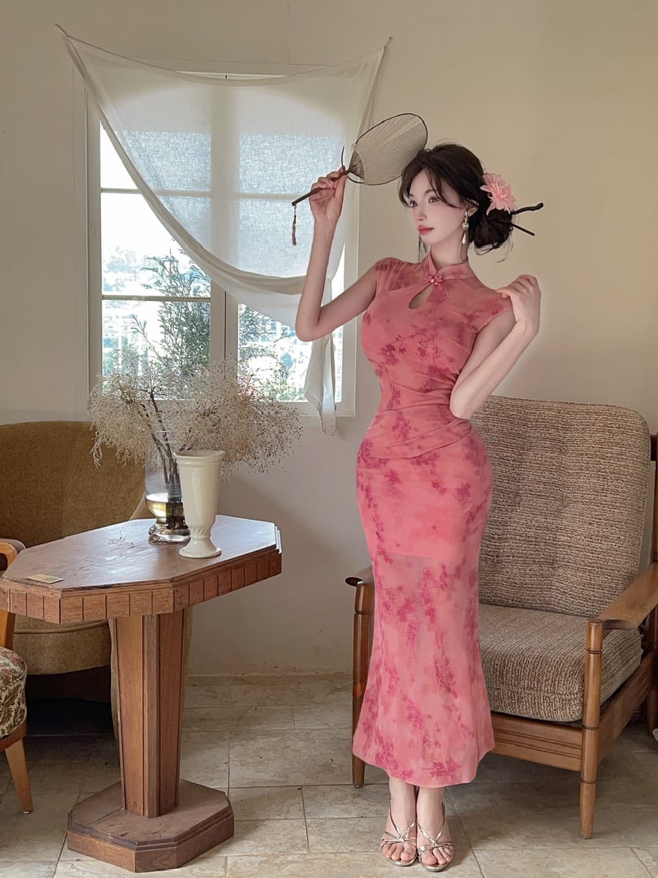 실사 새로운 중식 망사 패치워크 보라색 꽃무늬 향상된 버전 치파오 드레스 섹시함 핫걸 허리 수축 타이트 스커트 드레스 상세 이미지 12