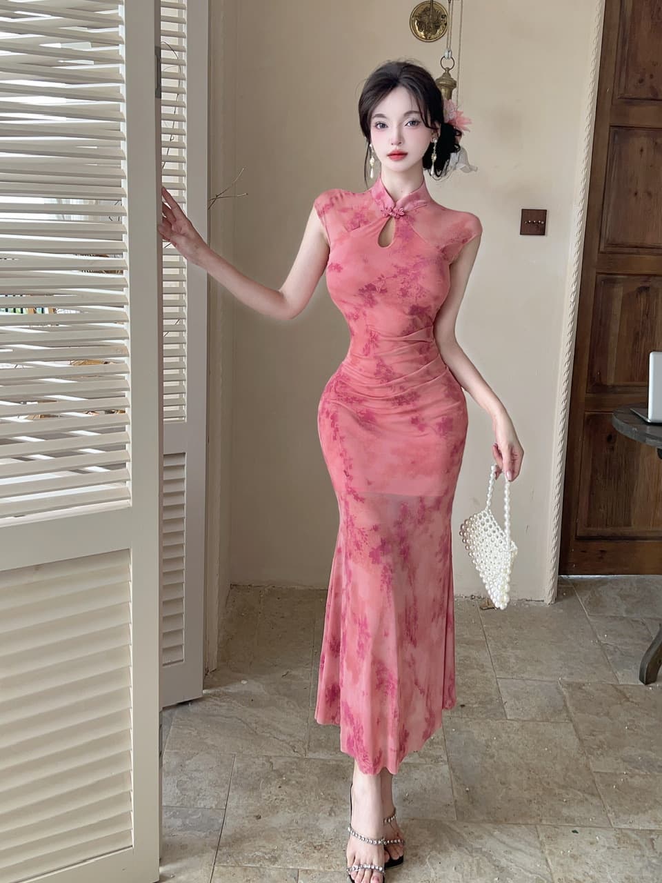실사 새로운 중식 망사 패치워크 보라색 꽃무늬 향상된 버전 치파오 드레스 섹시함 핫걸 허리 수축 타이트 스커트 드레스 상세 이미지 14