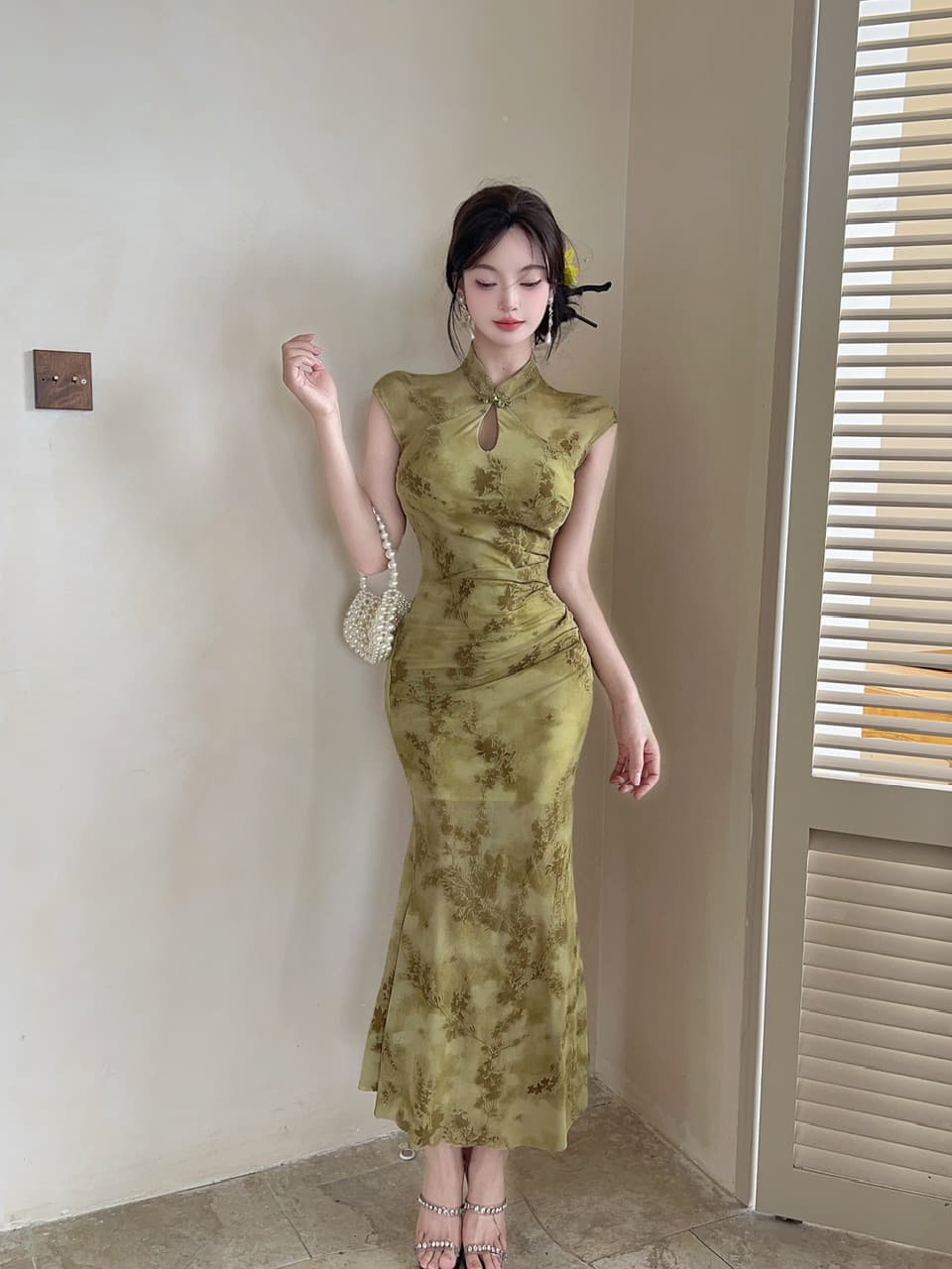 실사 새로운 중식 망사 패치워크 보라색 꽃무늬 향상된 버전 치파오 드레스 섹시함 핫걸 허리 수축 타이트 스커트 드레스 상세 이미지 18