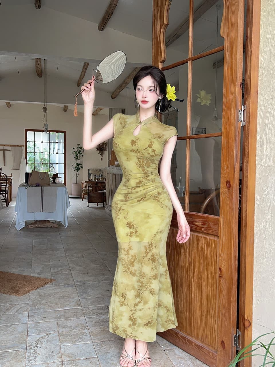 실사 새로운 중식 망사 패치워크 보라색 꽃무늬 향상된 버전 치파오 드레스 섹시함 핫걸 허리 수축 타이트 스커트 드레스 상세 이미지 19