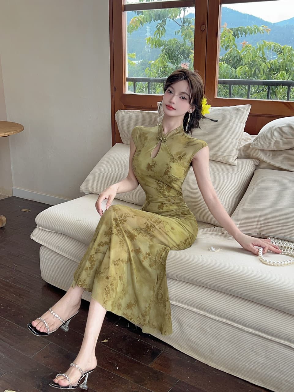 실사 새로운 중식 망사 패치워크 보라색 꽃무늬 향상된 버전 치파오 드레스 섹시함 핫걸 허리 수축 타이트 스커트 드레스 상세 이미지 22