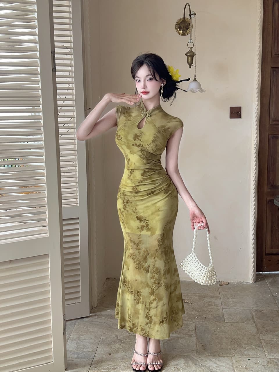 실사 새로운 중식 망사 패치워크 보라색 꽃무늬 향상된 버전 치파오 드레스 섹시함 핫걸 허리 수축 타이트 스커트 드레스 상세 이미지 23