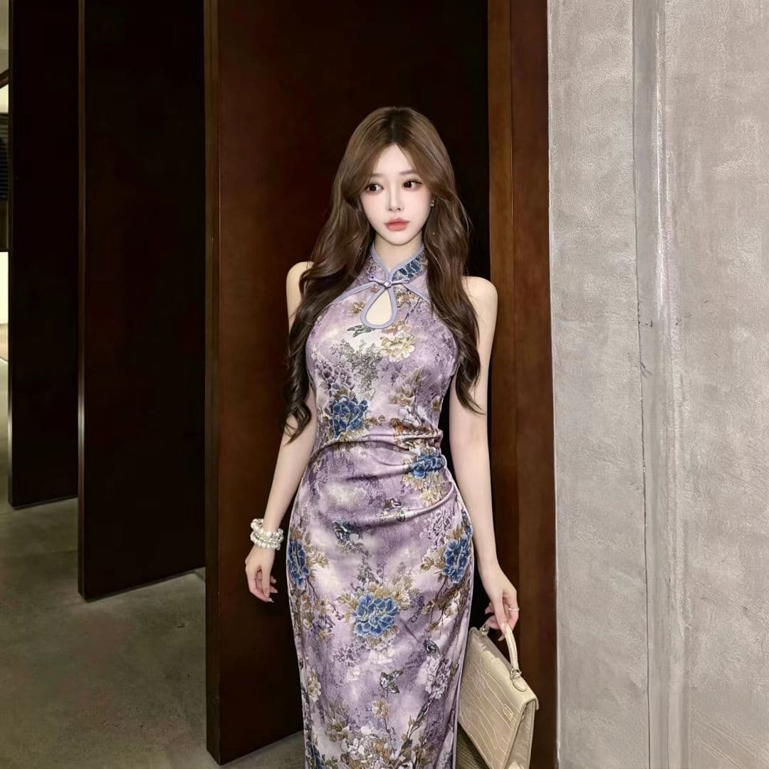 실사 국풍 새로운 중식 감정 보라색 치파오 점프 슈트 디스플레이 몸 꼬집기 허리 홀로우 아웃 타이트 스커트 개선 롱 스커트 상세 이미지 5