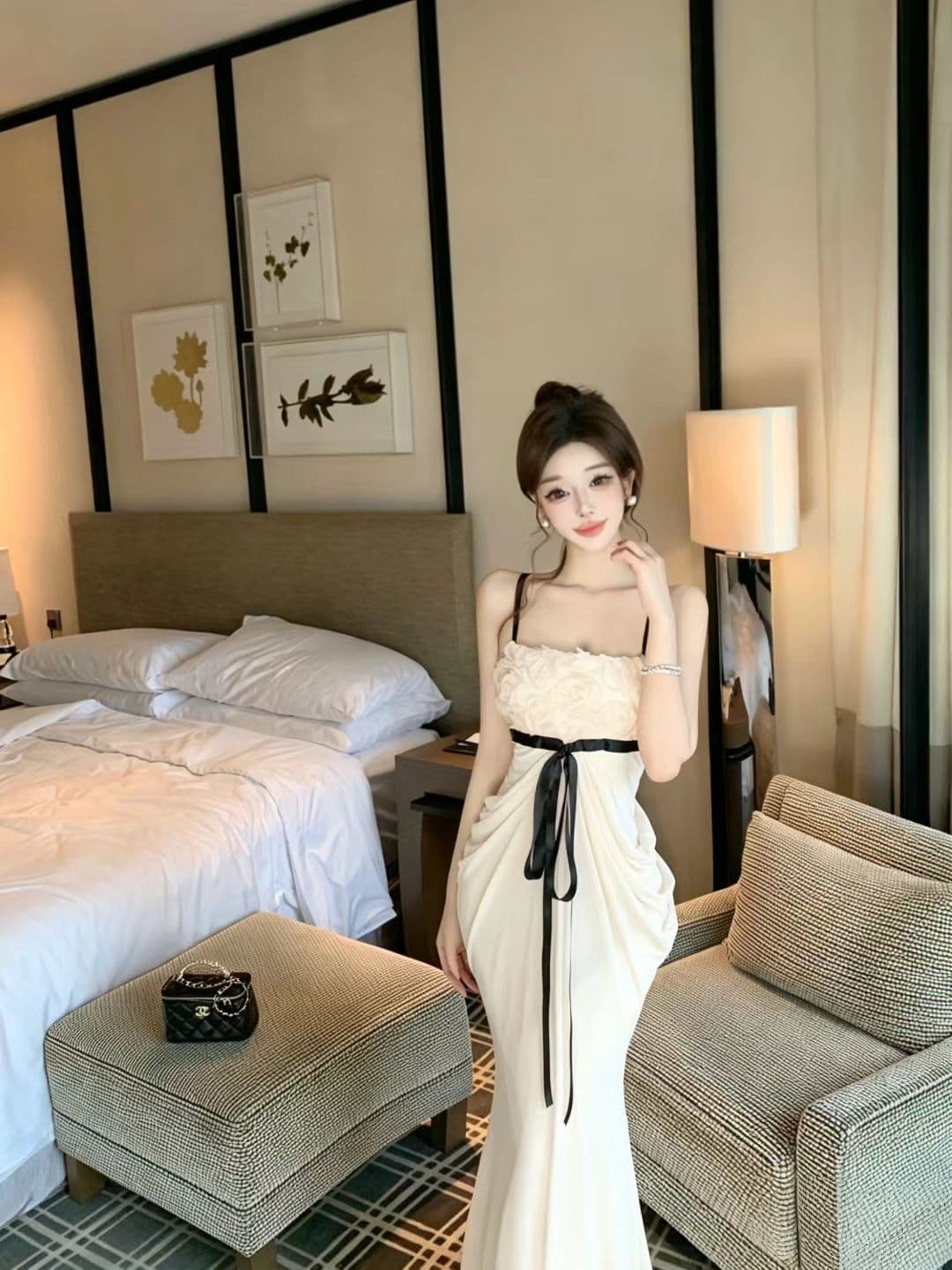 실사 2026 여름 슈퍼 요정 순수한 욕망 장미 패치워크 나비 매듭 허리 수축 달콤함 요정 외국 가스 드레스
