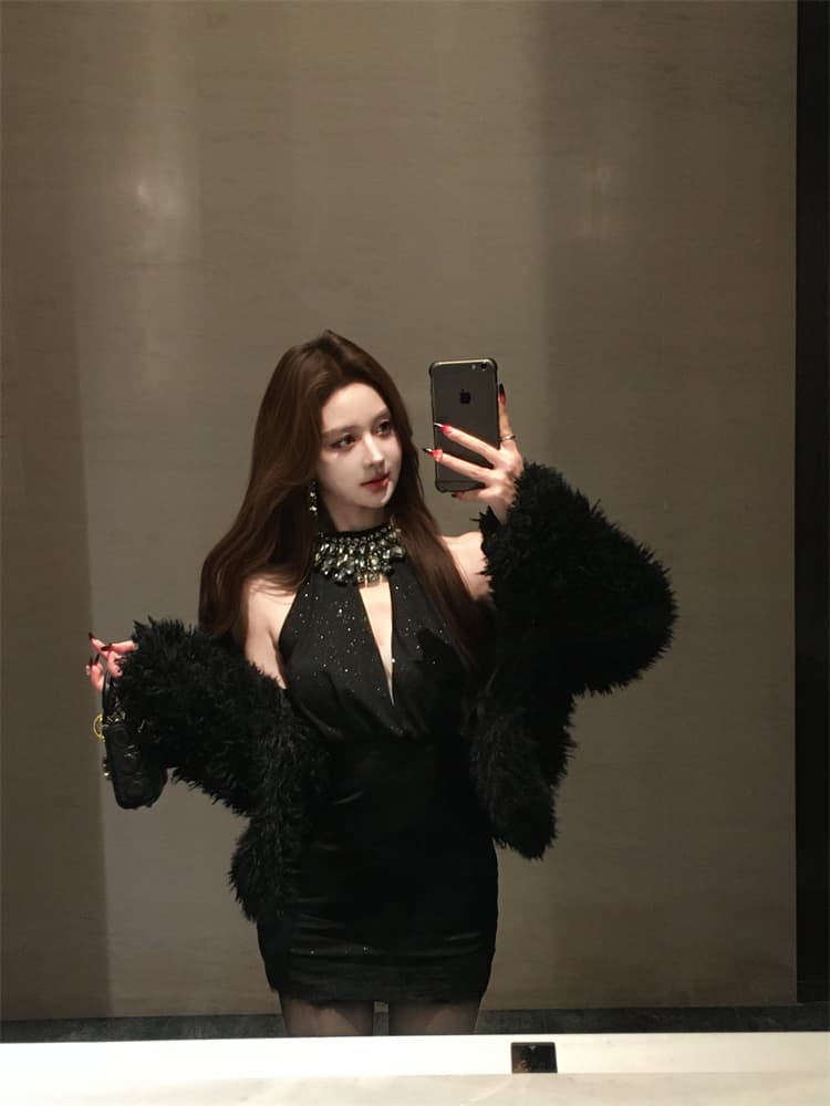 실사 비싼 가스 센스 천 골드 다이아몬드 세팅 슬립 드레스 여름 섹시함 행침 목 타이트 스커트 생일 연회 미니 스커트 상세 이미지 1