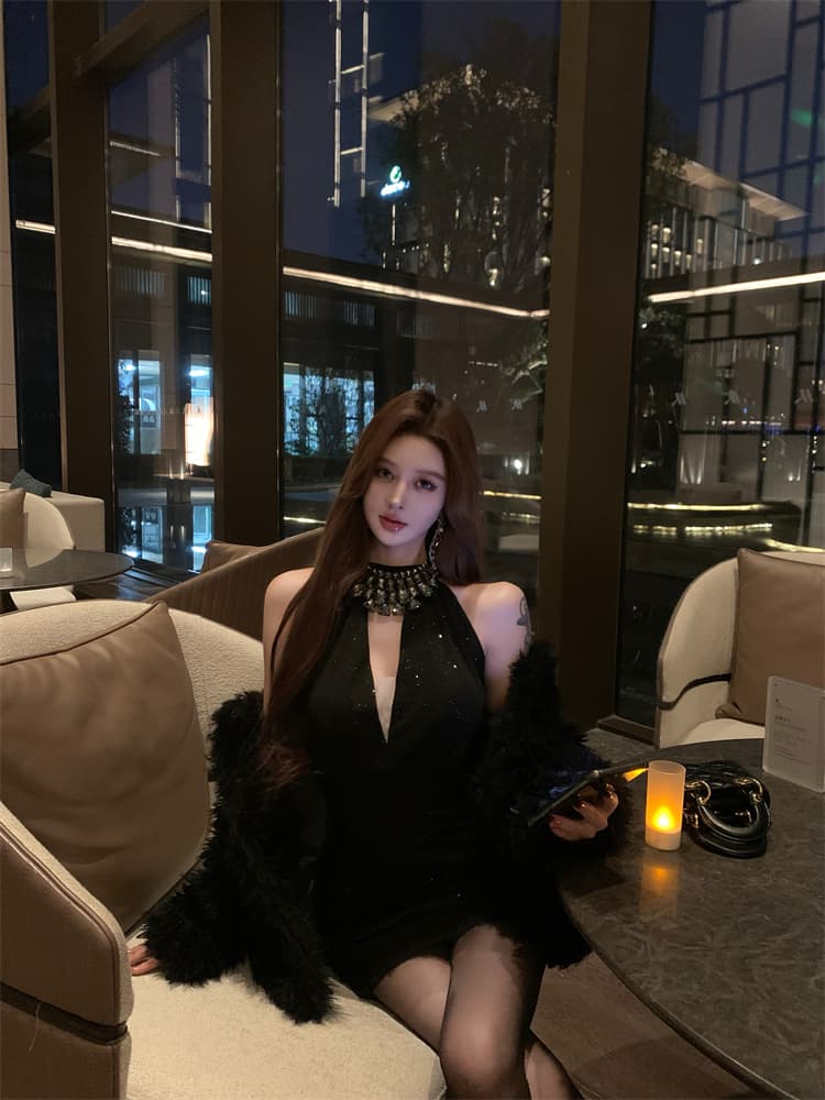 실사 비싼 가스 센스 천 골드 다이아몬드 세팅 슬립 드레스 여름 섹시함 행침 목 타이트 스커트 생일 연회 미니 스커트 상세 이미지 5