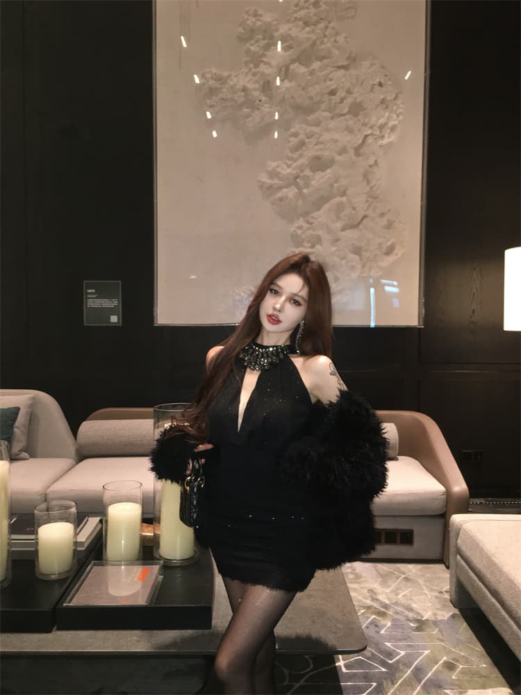 실사 비싼 가스 센스 천 골드 다이아몬드 세팅 슬립 드레스 여름 섹시함 행침 목 타이트 스커트 생일 연회 미니 스커트 상세 이미지 9