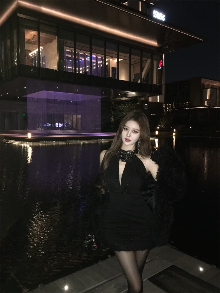 실사 비싼 가스 센스 천 골드 다이아몬드 세팅 슬립 드레스 여름 섹시함 행침 목 타이트 스커트 생일 연회 미니 스커트 상세 이미지 10