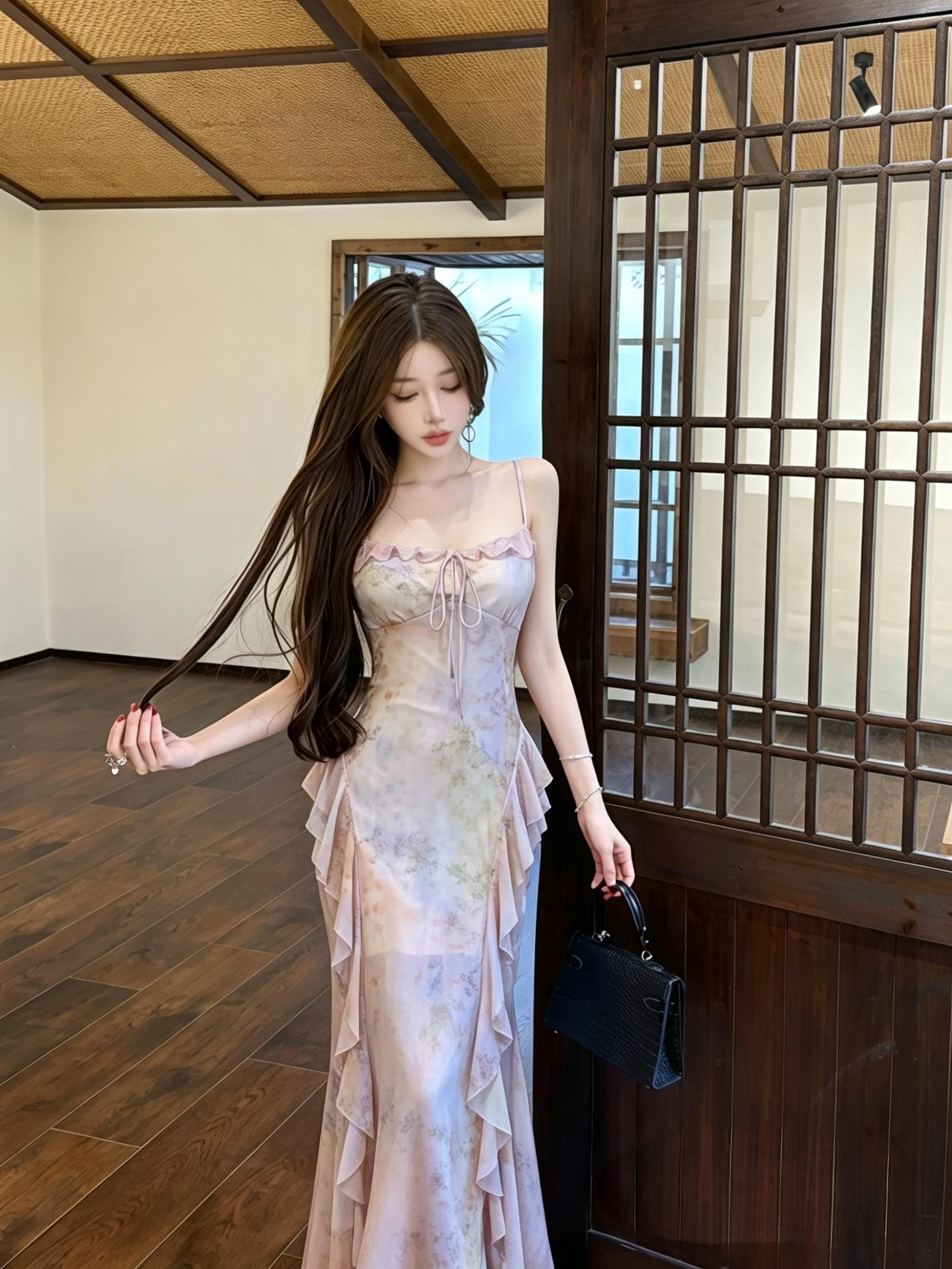 실사 레트로 허리 수축 품격 슬림해 보이는 섬유 꽃 묻기 새로운 중식 드레스 자카드 자수 슬립 드레스 보라색 롱 스커트 이미지 2