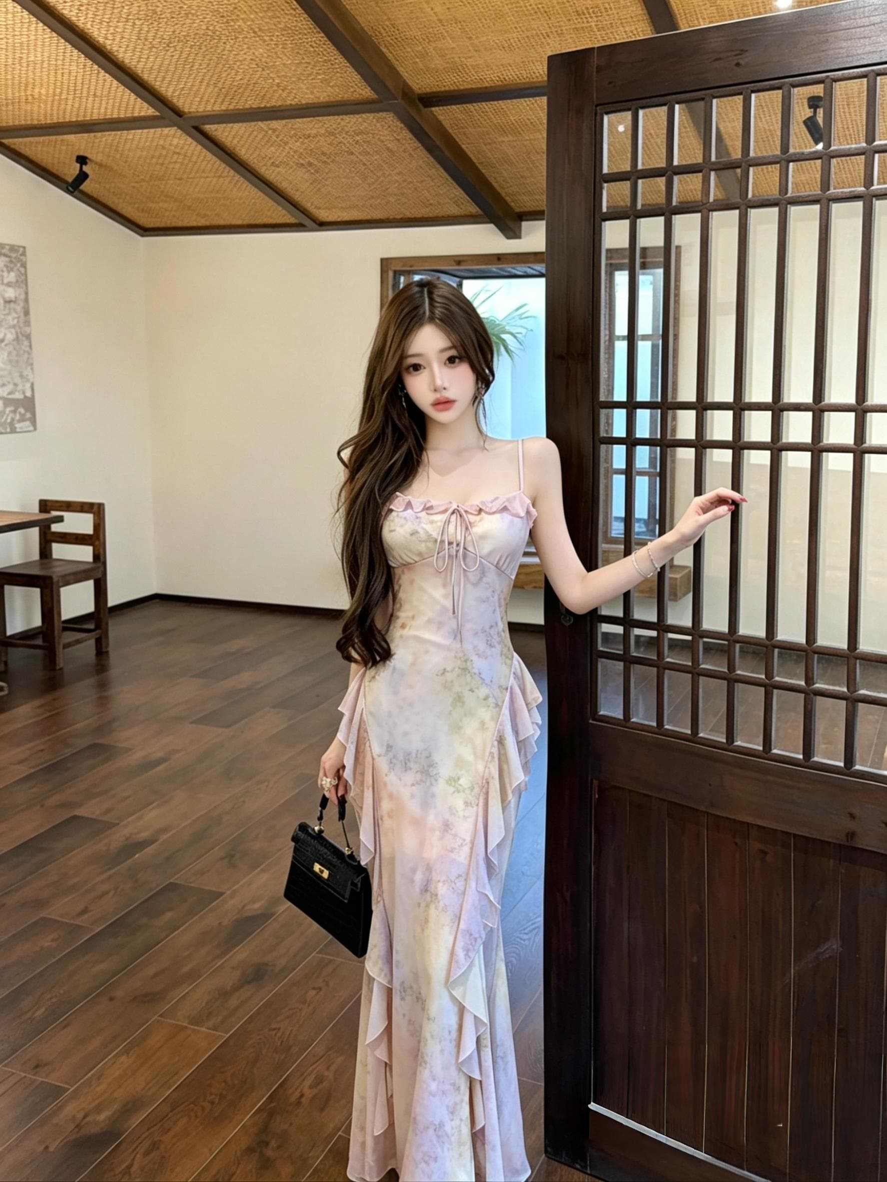 실사 레트로 허리 수축 품격 슬림해 보이는 섬유 꽃 묻기 새로운 중식 드레스 자카드 자수 슬립 드레스 보라색 롱 스커트 상세 이미지 2