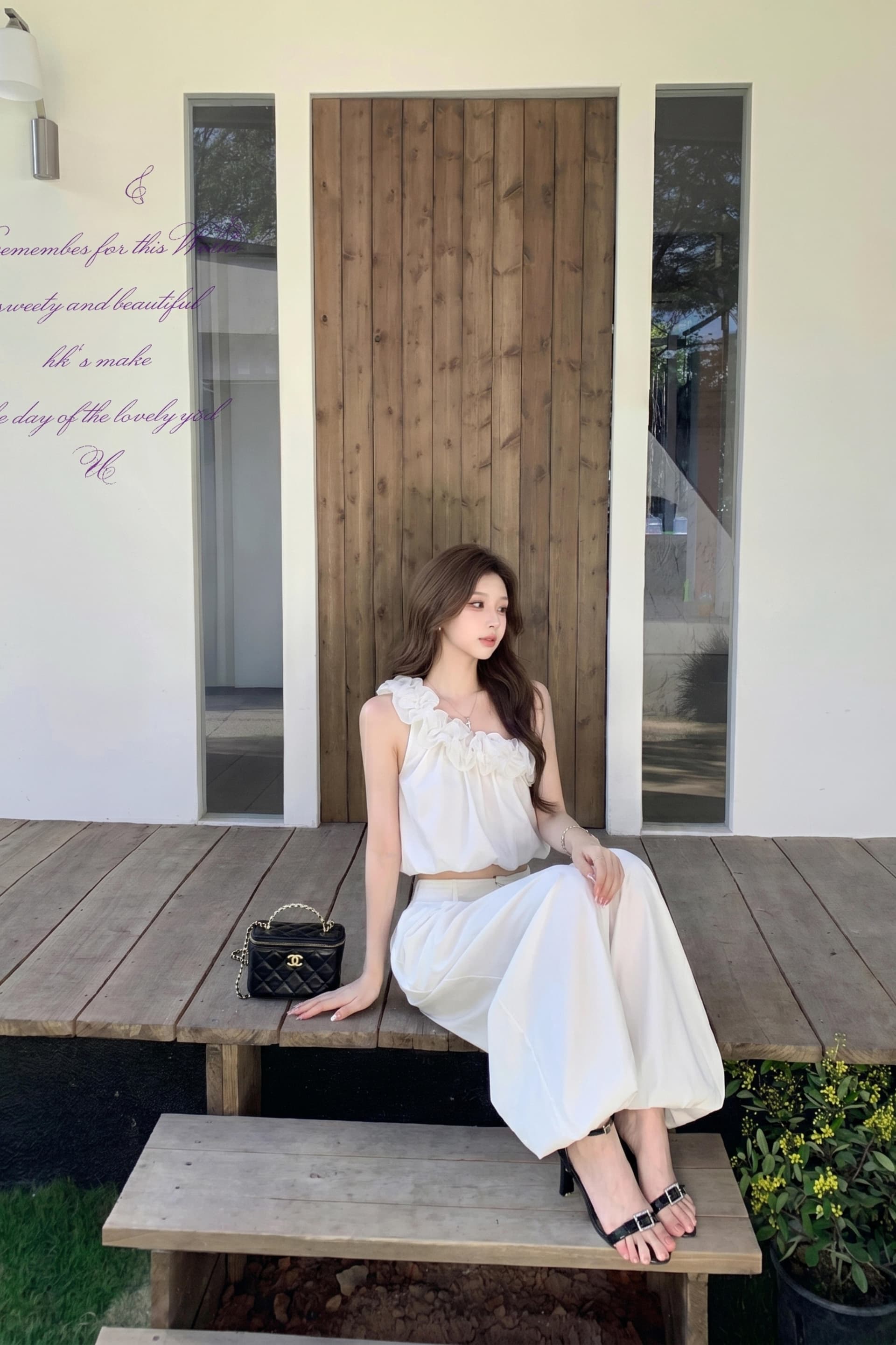 실사 프랑스식 품격 비스듬한 칼라 3 차원 꽃 고급 센스 오프숄더 슬림해 보이는 의류 주름 장식 허리 수축 캐주얼 긴 바지 세트 이미지 6